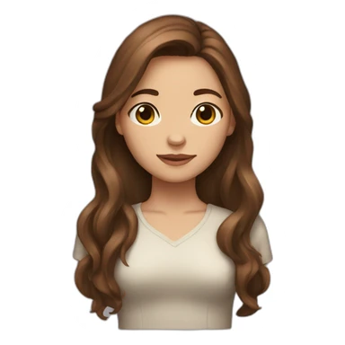 brown-haired woman with long hair, brown eyes, showing a heart sticker