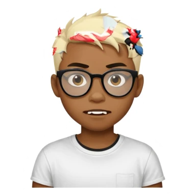Black Male Teenager with Short punk messy blonde hair, Dark brown bushy eyebrows large expressive golden-brown eyes, wearing a plain white t-shirt, wearing thick black glasses, Dark Brown skin color. vampire tooth sticker