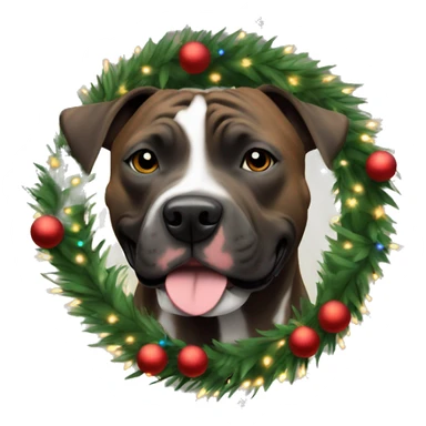 All brindle pittie wearing a Christmas wreath Christmas lights around neck sticker