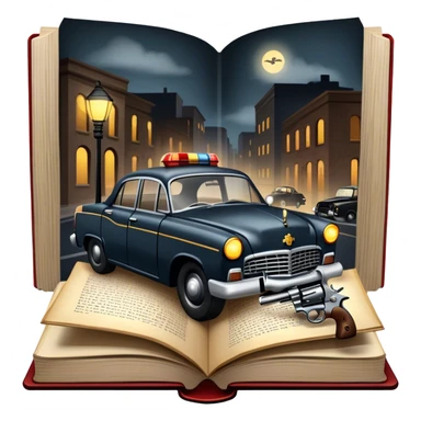 Icon for Action & Crime Reading: an open book with dramatic crime scenes—bullet holes on pages, a detective badge, a revolver and a getaway car. Surrounding elements include a flickering streetlight. Transparent background. sticker