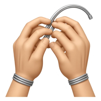 Apple-style 3D emoji showing two cartoon hands bending a thin metal or plastic rod, with small motion lines around the center to show tension and bending force, dynamic and expressive design, no background. sticker