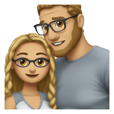 Hazme una pareja donde la mujer sea pelinegra, labios gruesos, piel trigueña, con gafas, y cabello largo. Dónde el hombre sea piel blanca, y el cabello pelicastaño. Y hayan 2 goldens en el medio  sticker