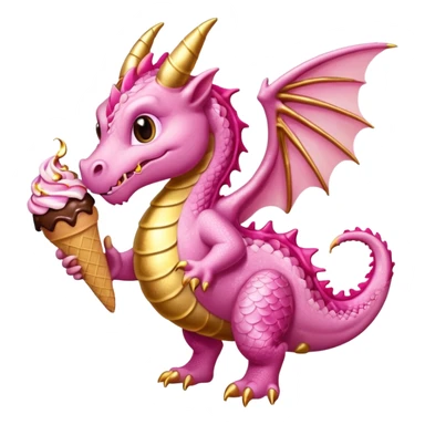 A dragon with its shiny glittered wings in pink tones and pink and gold legs, eats vanilla and chocolate ice cream sticker