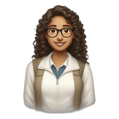 smiling indian teenage girl with curly hair and glasses wearing a collared long sleeve white shirt under a white sweatervest sticker