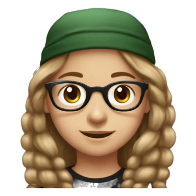 Slavic girl, light skin, smiling with teeth, round brown eyes, spotted frame glasses, long brown straight highlighted hair, black T-shirt, dark green cap, black badge ribbon sticker