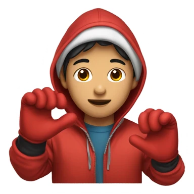 Asian Boy wearing red gloves on hands and a hoodie sticker