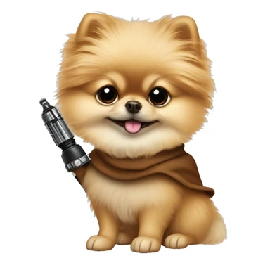 Pomeranian dressed as Luke Skywalker holding a lightsaber sticker