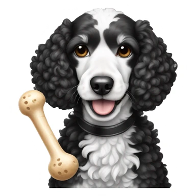 harlequin black and white poodle holding a bone in her mouth sticker