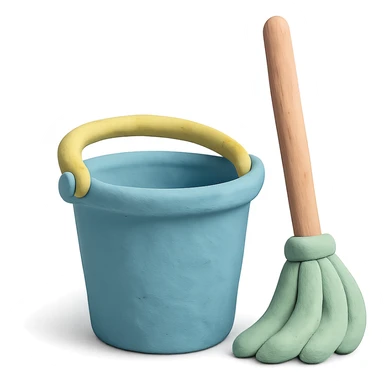 bucket and mop in claymation style, pastel colors, visible fingerprints, soft matte finish sticker
