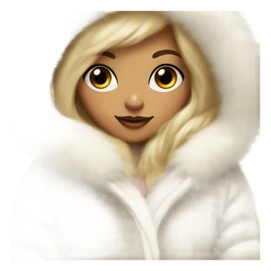 Tanned Girl with lashes , blonde hair, in an extremely big fluffy oversized white fur coat with hood on. The fur is real and it’s very obvious big and fluffy like in Pinterest  sticker