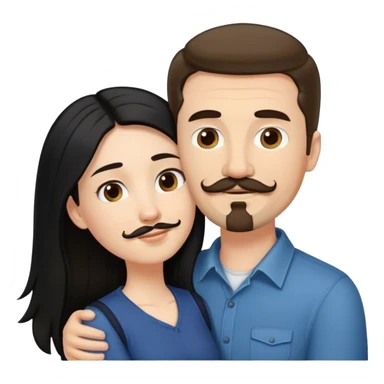 a short white girl with long black hair hugging a tall white guy with brown hair goatee mustache sticker