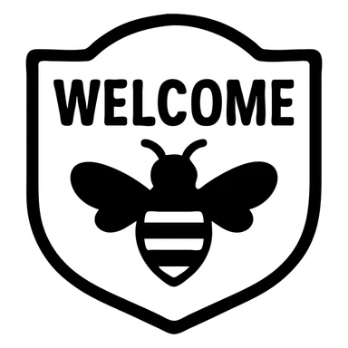 Welcome sign with a bee, 'WELCOME' text, black and yellow design sticker