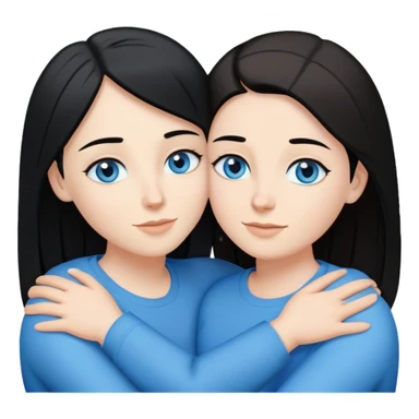 Lesbian couple in a loving embrace. One white with black straight hair and blue eyes. One white with brown straight hair and blue eyes.  sticker