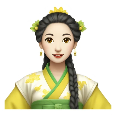 Beautiful woman, yellow skin, Hanfu headdress, wearing green clothes, holding a banana fan sticker