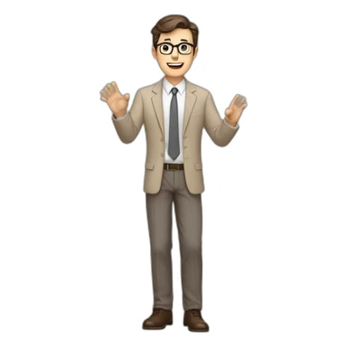 To belt Actively gesturing with hands Pale skinned fit man teacher with dark brown hair in gray jacket, beige office shirt, brown tie, brown pants and vintage glasses. sticker