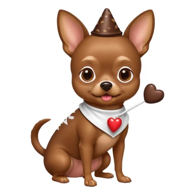 Brown chihuahua wearing a Hershey kiss costume sticker