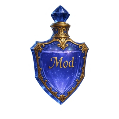 Very luxurious, exceptional crystal shield-shaped elixir bottle, color #7986cb, with inscription 'Mod', enhanced glow, edges, ornaments, golden details, subtle magical effects, unique shape accents, transparent background, beautiful seamless bottom, bottle clearly floating in air without base or shadow, premium class, modern, fits collection. sticker