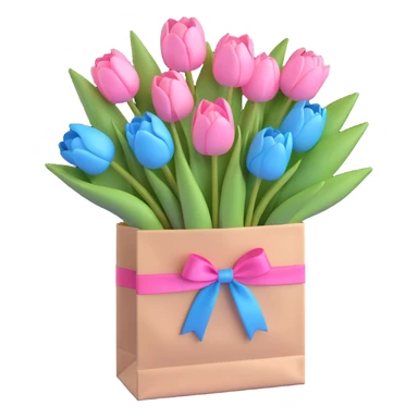a white paper bag filled with pastel blue tulips, tied with a pink ribbon, soft blue pastel colors, smooth shadows, simple and minimalistic, 3D iOS emoji style sticker