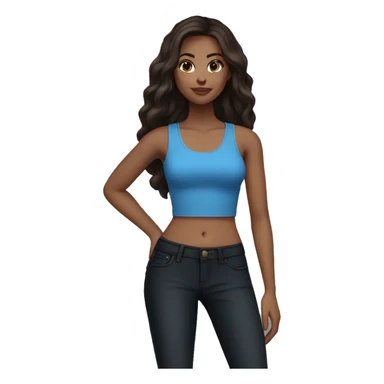 Medium size girl skin tone fair long dark brown hair in blue tank top and black high waist skinny jeans sticker
