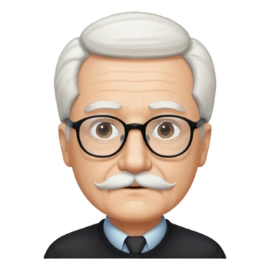 An elderly man with neatly combed white hair swept back, giving a tidy and classic look, and wears black rectangular glasses. His face is oval-shaped with  a small white mustache above his lips.d. sticker