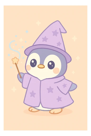 penguin wizard with a starry robe, casting a spell, whimsical sticker