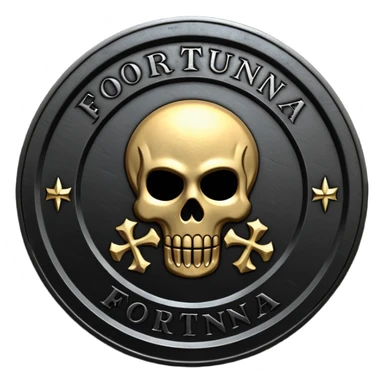 Minimal emoji, gothic metal coin made of black steel, engraved word FORTUNA at the center, ancient industrial aesthetic, worn metal texture, no glow, no neon, flat emoji design, centered, transparent background sticker