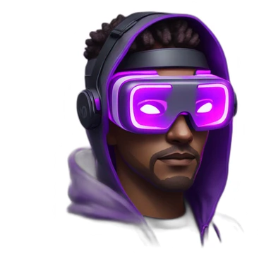 Cyberpunk style. Violet neon. Man with light skin in the black hoody with violet OMG VR logo on it wearing vr headset oculus quest 2 sticker