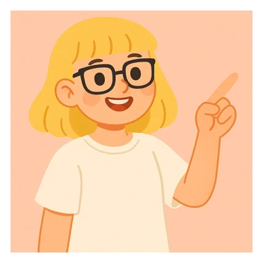 Smiling girl with blonde hair, bangs, and brown eyes, wearing black square glasses and a white oversized T-shirt, pointing her finger up to the right, soft pastel illustration style sticker