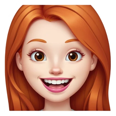 Young girl with pale skin, full pink lips smiling with big teeth, very long straight ginger red hair, bigger nose, deep brown eyes, big mouth sticker