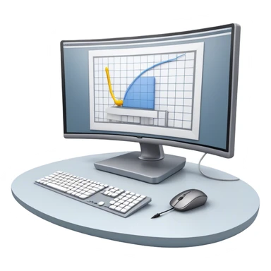 Create an emoji for 3D visualization and modeling. Show a 3D object like room model with grid lines on a big curved monitor. Add a modeling tool a mouse and stylus. Use modern, professional colors. Do not include any emojis or smiley faces. Make the background transparent. sticker