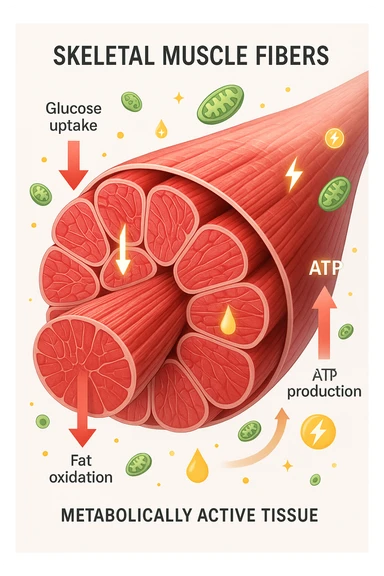 a highly detailed cross-section of human skeletal muscle fibers, shown in vibrant red and pink tones, with visible striations and realistic texture. Glowing arrows and animated icons represent active metabolic processes—such as glucose uptake, fat oxidation, and ATP production—occurring within the muscle tissue. Surrounding the muscle, floating symbols for mitochondria and energy highlight its metabolic activity. The background is clean and clinical, with subtle labels and infographics explaining that muscle is a metabolically active tissue. The overall style is modern, scientific, and visually engaging, suitable for educational or medical use. in italiano sticker