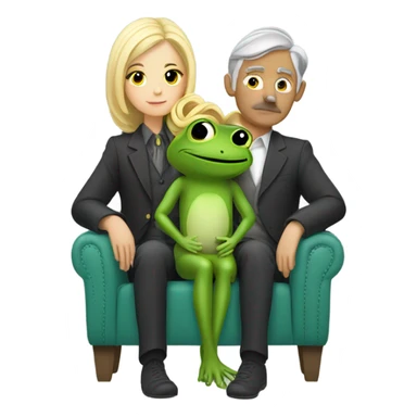 A blonde girl in a frog costume sitting in her grey haired boyfriend lap. And he has a mustache  sticker