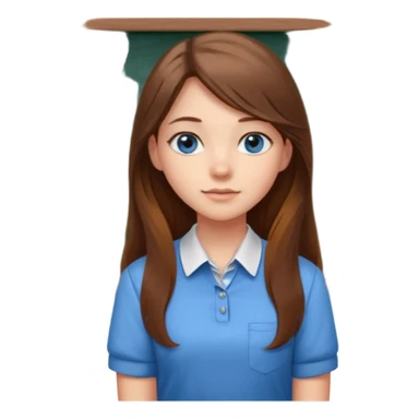 high school class room with a pretty female high school student with long brown hair, blue eyes sitting in front of the blackboard sticker