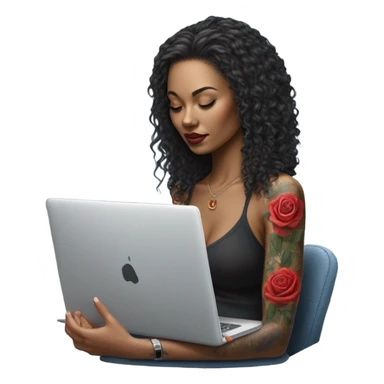 Hyper Realistic beautiful woman model with a small rose tattoo typing on a laptop  sticker