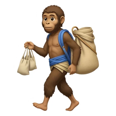Draw an Australopithecus walking like a nomad, carrying a cloth bundle over its shoulder, in a cute flat iPhone emoji style sticker