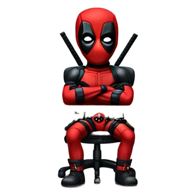 Cute Deadpool sitting at a desk, front view sticker