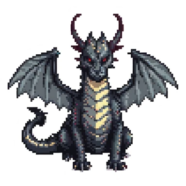 fierce black dragon with large wings and two medium horns, pixel art style sticker