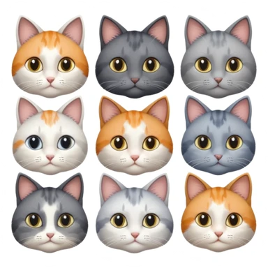 6 realistic looking cats with different natural coloured coats, assorted grey and white, greys, calico colours etc
 sticker