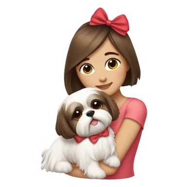 brunette girl hugging cream short hair shih tzu with bow on head  sticker