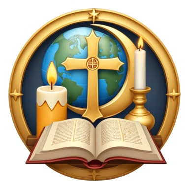 An icon featuring a holy book, a candle, a cross, and Islamic crescent and star, alongside a Buddhist wheel of Dharma, symbolizing religious studies. The design includes a globe with these symbols, representing the diversity of beliefs. Transparent background  sticker