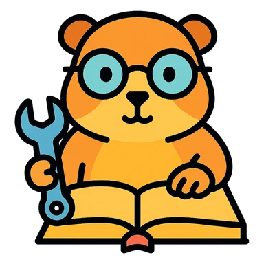 studious guinea pig with glasses, holding a wrench and fixing a book, color outline icon sticker