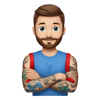 25-year-old man, blue eyes, brown hair, short beard, tattoos on left arm, arms crossed, smiling, emoji style sticker