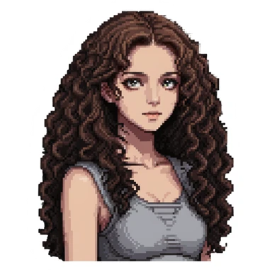 girl with longer curly hair parted on the side, dark eyes and light makeup sticker