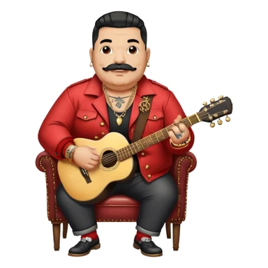 Icon for Chanson: Old fat chanson singer with tattoos and small moustache, red jacket, gold chains and braslettes, sitting on a chair with an acoustic guitar and standing microphone. No earrings. The atmosphere should reflect a nostalgic, soulful vibe with vintage elements. Transparent background. sticker