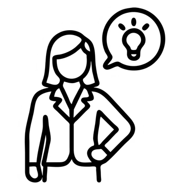 businesswoman standing hand on hip with a glowing idea bubble above her head, minimal outline style, simple and elegant sticker