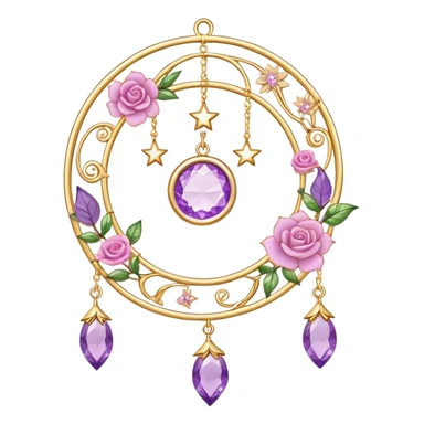 Epic beautiful gorgeous cute gold suncatcher, threads with shiny sparkly amethyst and rose-quartz gemstones, flowers, crescents-moons, stars, leaves sticker