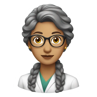 Professora com jaleco branco, morena clara, com cabelos longo castanho escuro, penteado uma trança de lado, usando brinco e óculos de grau redondo. sticker