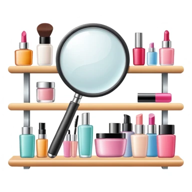 magnifying glass over beauty product shelf, searching for last item sticker