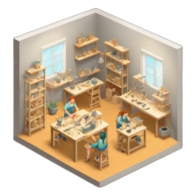 isometric square transparent solid outline border containing indoor creative workshop handmade factory people actively working sticker
