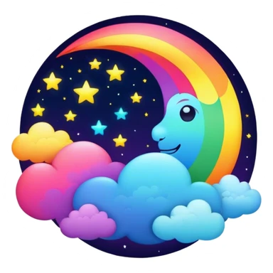 Neon rainbow colored damask style full moon with stars and clouds sticker